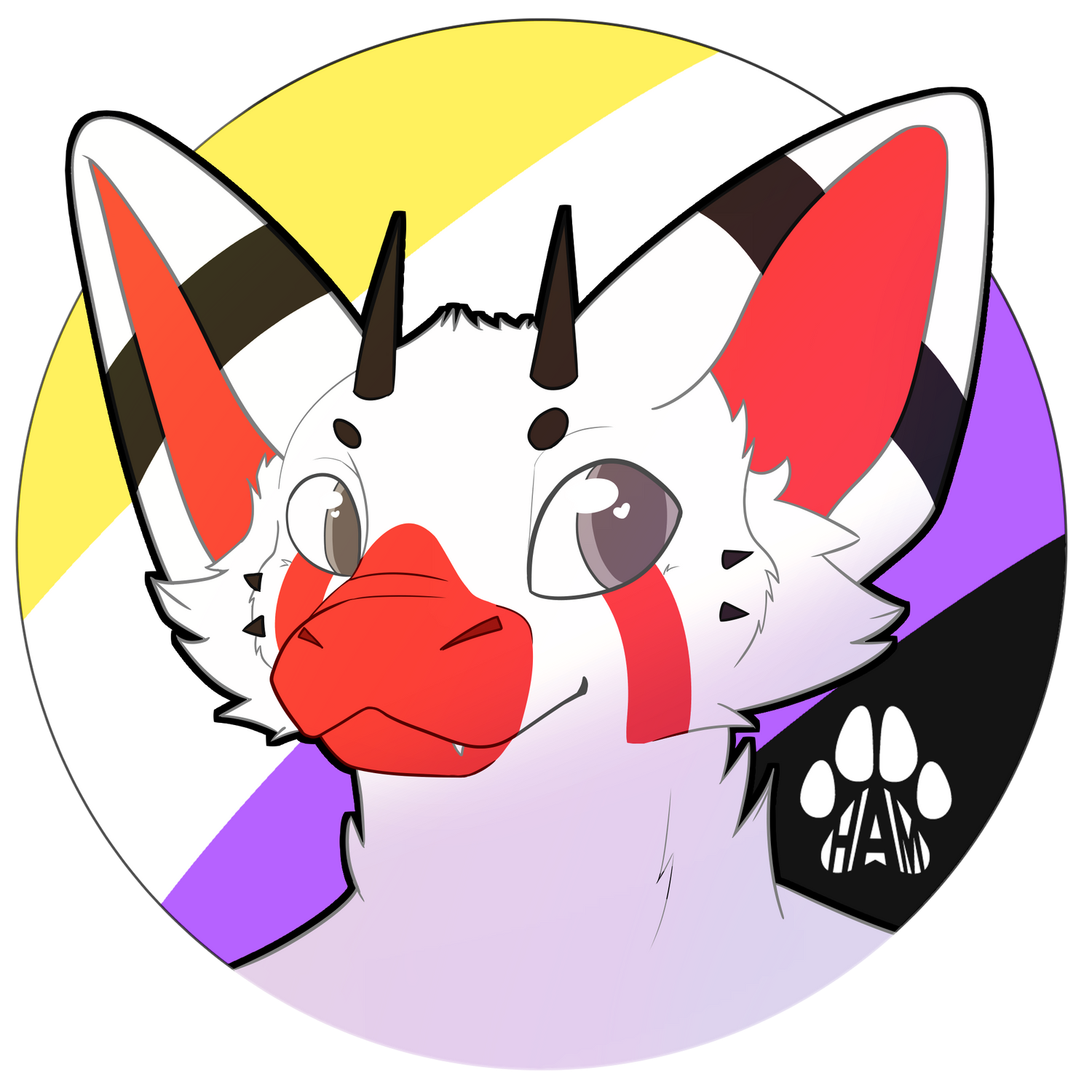 An illustrated icon of a white and red dragon creature with black horns and stripes with the non binary flag background