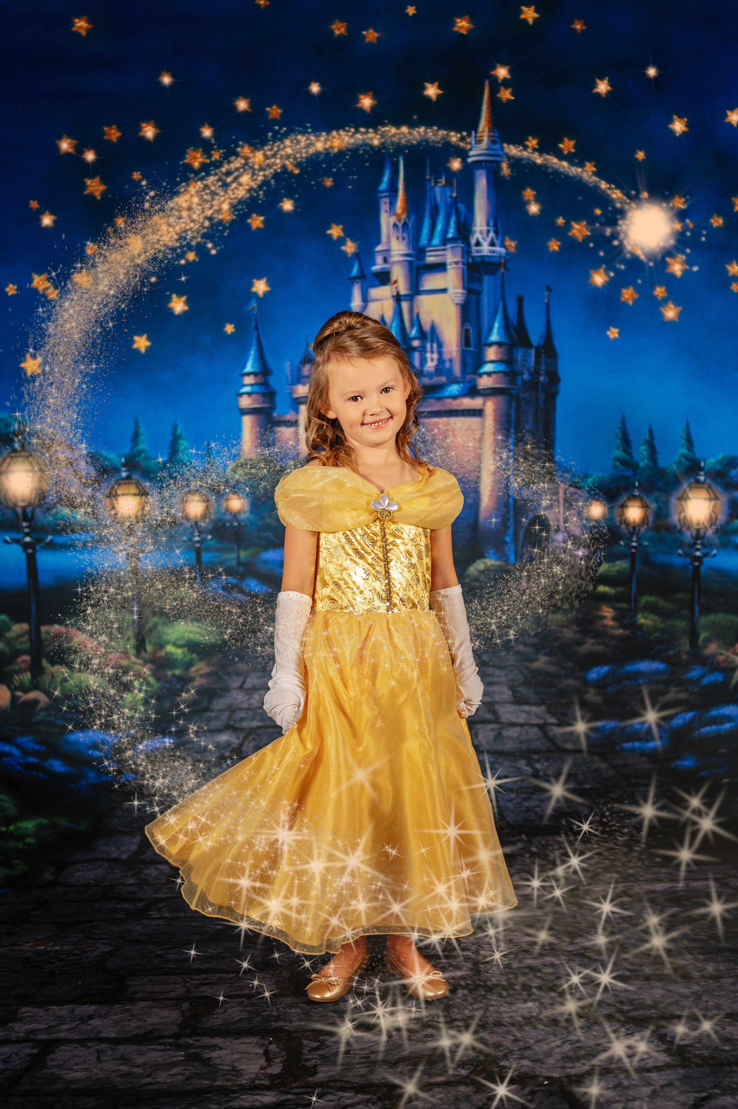A princess-themed portrait with a magical castle background and sparkling golden dress.