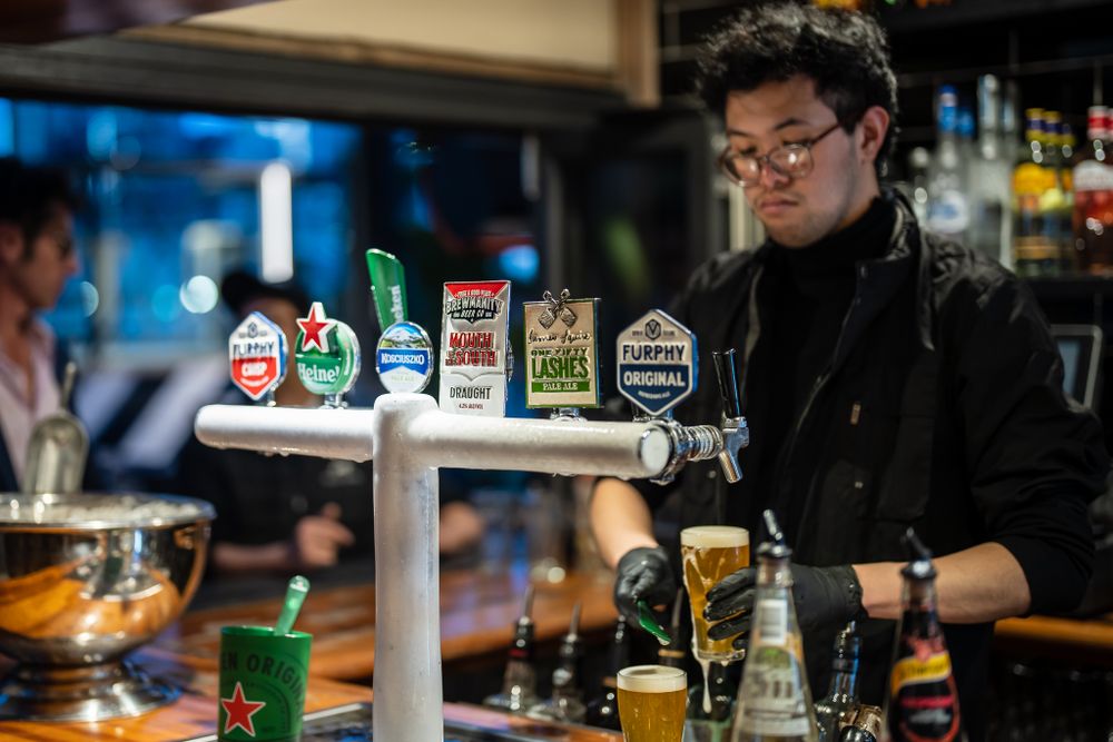 Bartender pouring beer from tap at a bar with multiple beer brand handles on display.