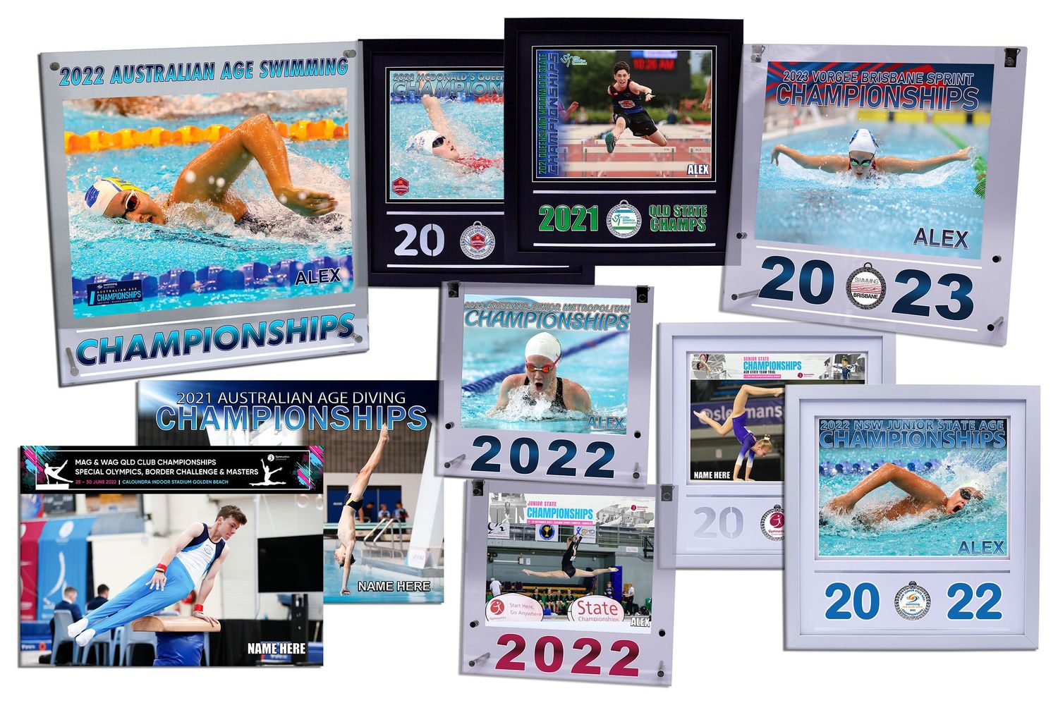 Collection of swimming competition photos and memorabilia from championships.