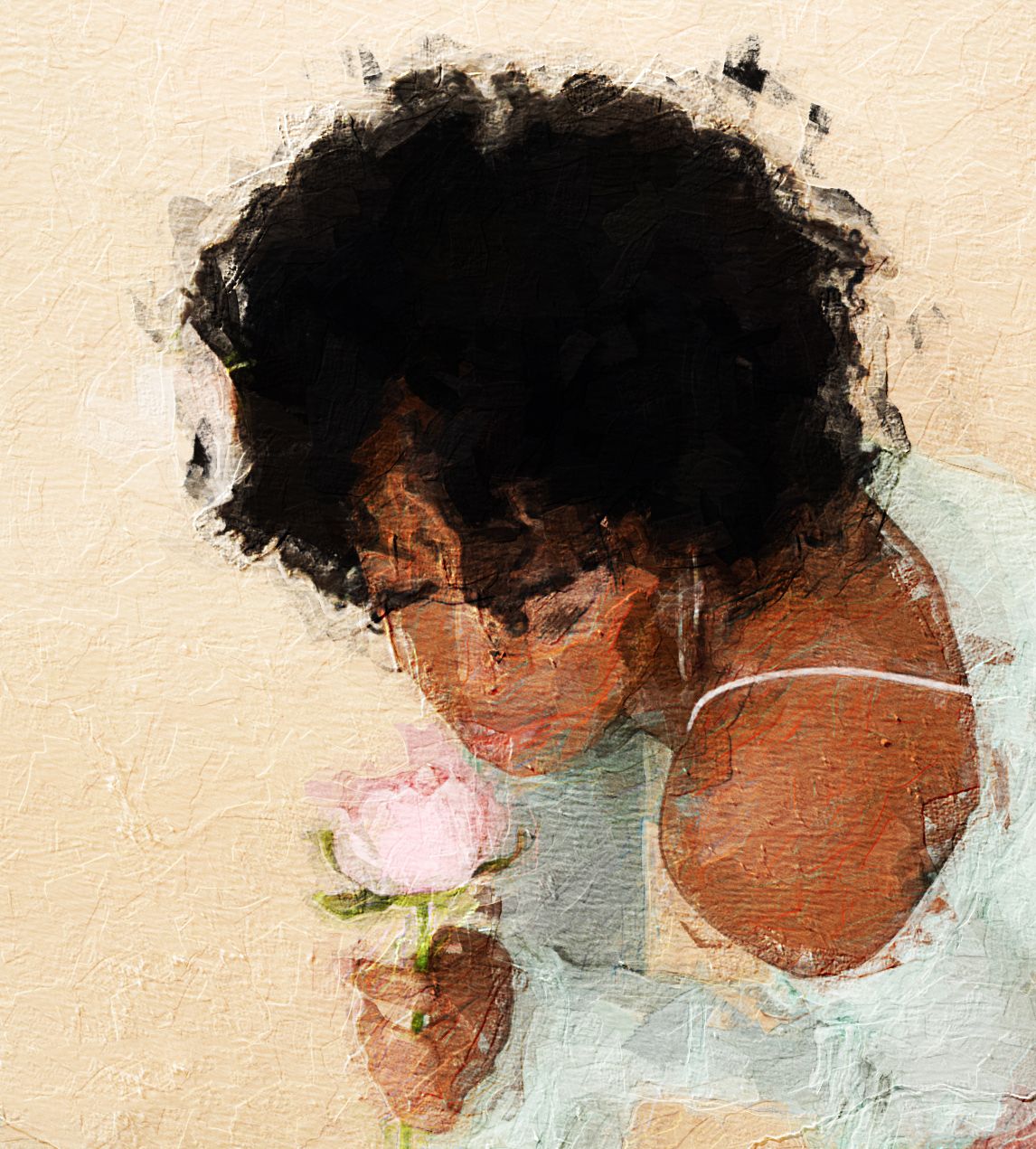 Watercolor painting of figure with natural hair smelling pink rose.