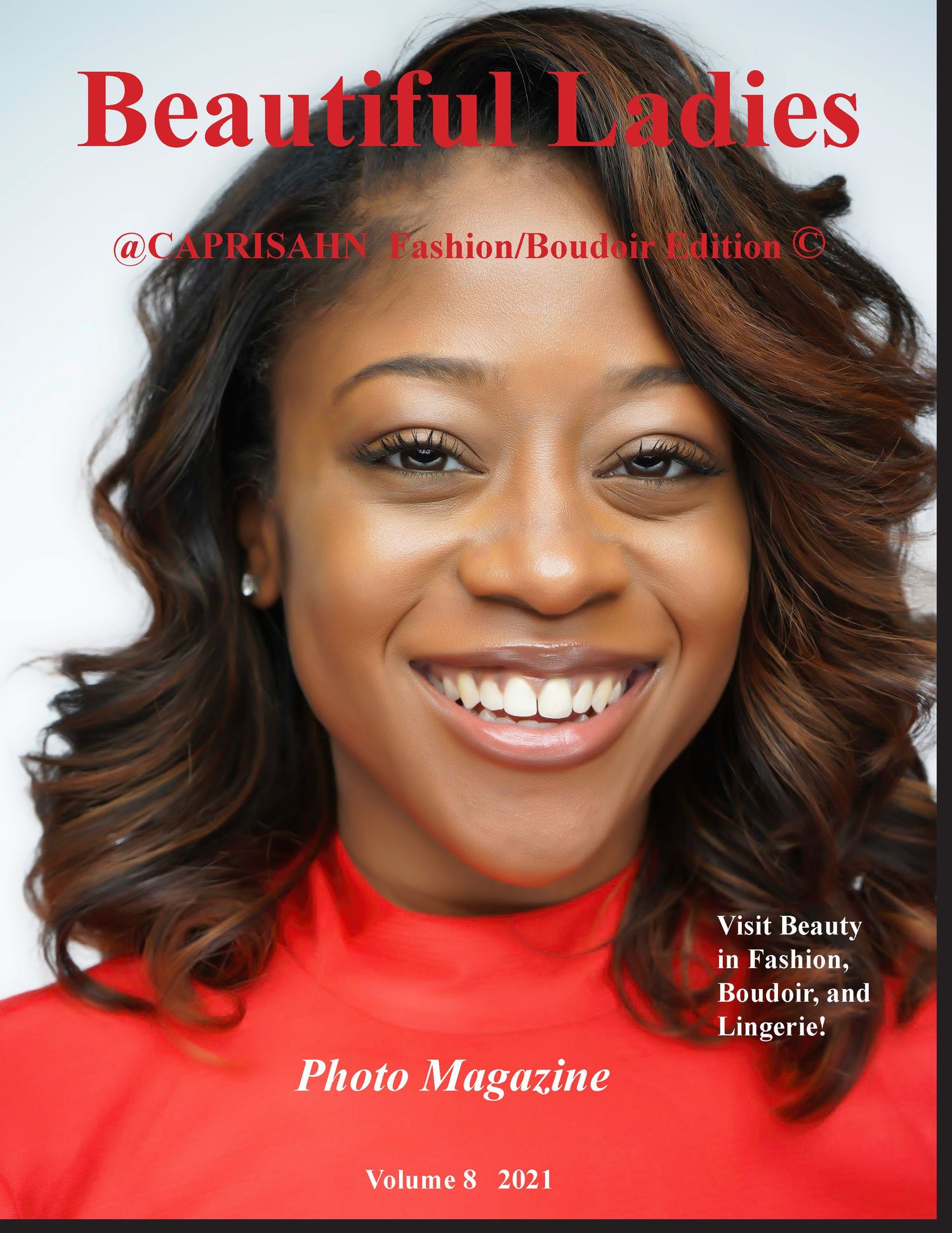 Magazine cover portrait with bright smile and red top against white background.