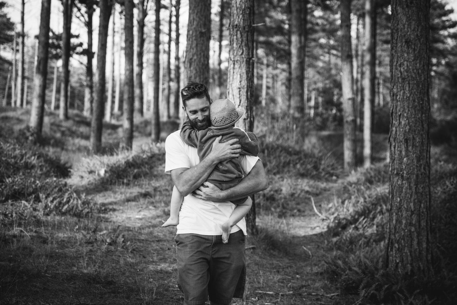 Peaceful forest scene with gentle embrace among tall pine trees.