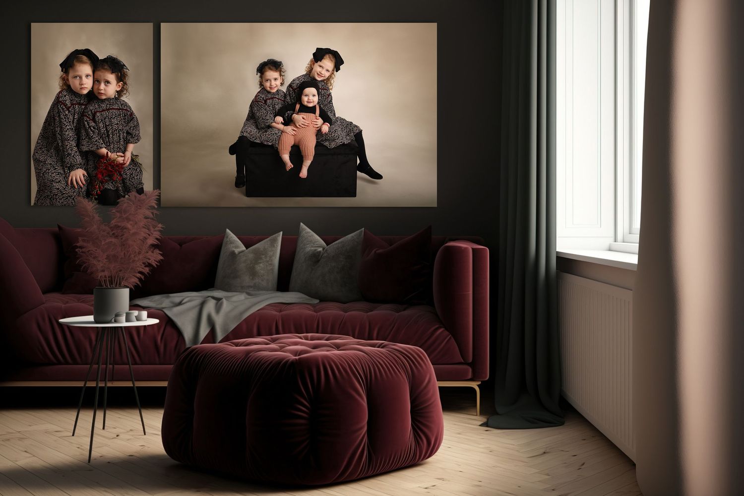 Modern living room with burgundy furniture and family portraits displayed on dark walls.
