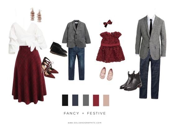 Formal family photo outfit ideas featuring burgundy dresses and grey suits.