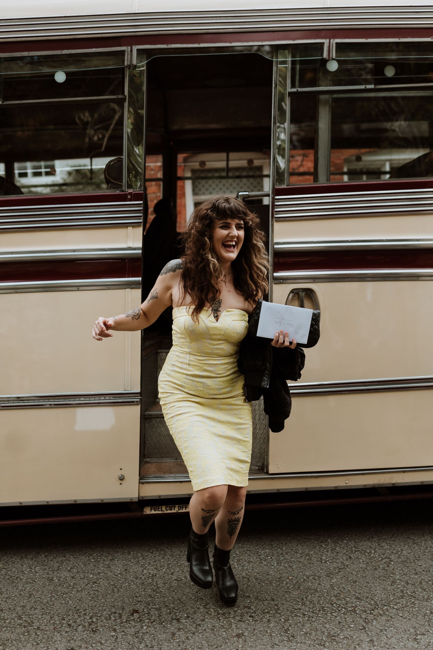Guests arriving on vintage 60s bus to montgomery church