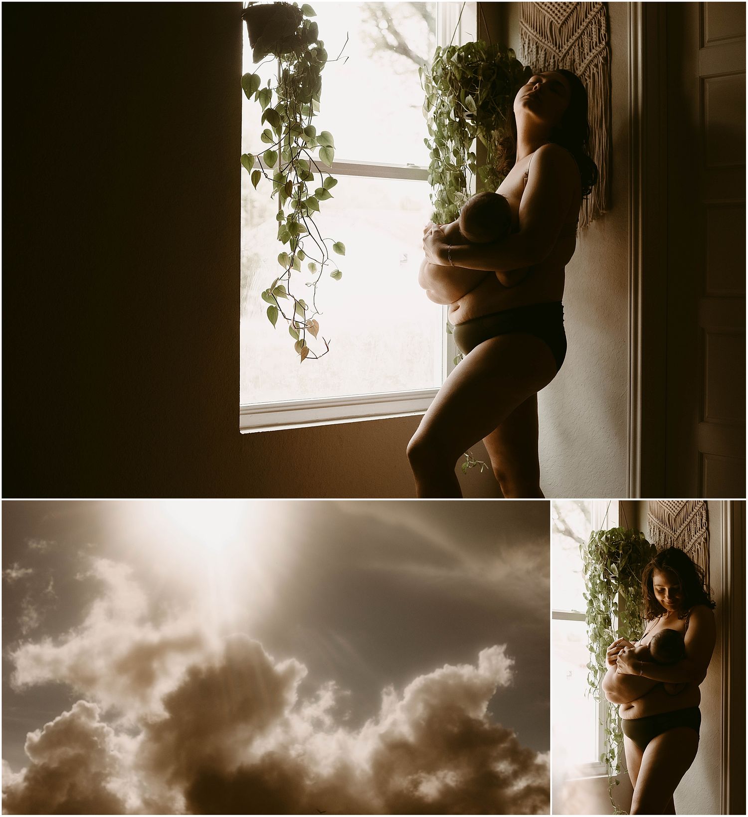 Silhouette against window with soft light and dramatic clouds in moody split-panel composition.