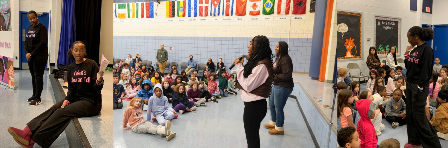 Students gathered in a classroom for an educational presentation with colorful banners on the wall.