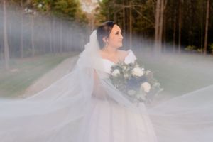 An ethereal bridal portrait showing a flowing white veil against a misty forest backdrop.