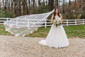 A bride in a flowing white gown stands outdoors as her veil catches the breeze against a rustic fence backdrop.