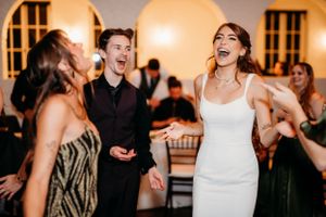Wedding guests dance and celebrate together during a lively reception.