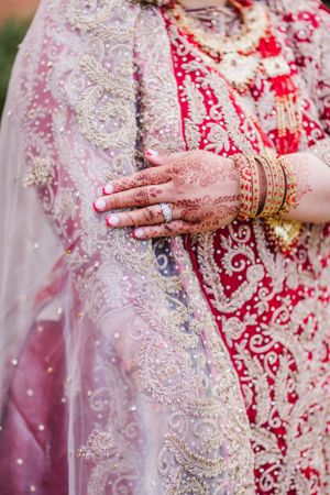 Close-up of intricate henna design on hands against red and white embroidered wedding dress.
