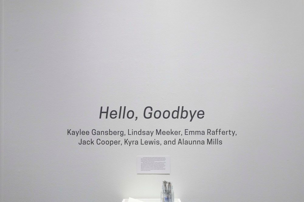 Text display showing 'Hello, Goodbye' with artist names on a white gallery wall.