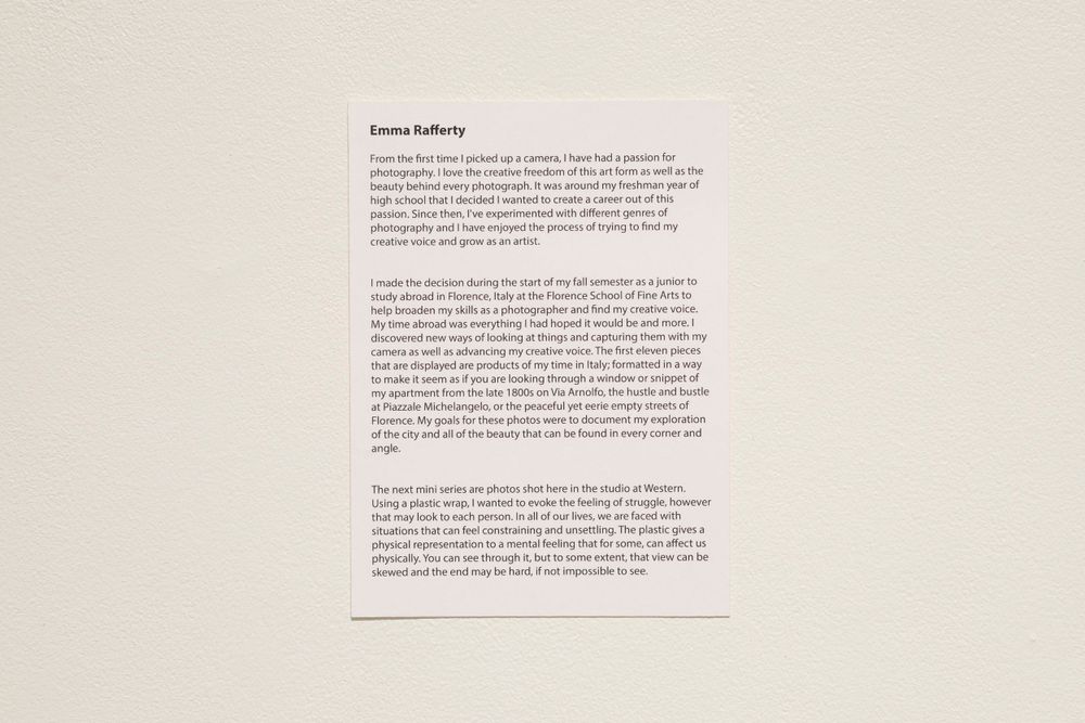 Museum wall text panel with detailed exhibition description on white background.