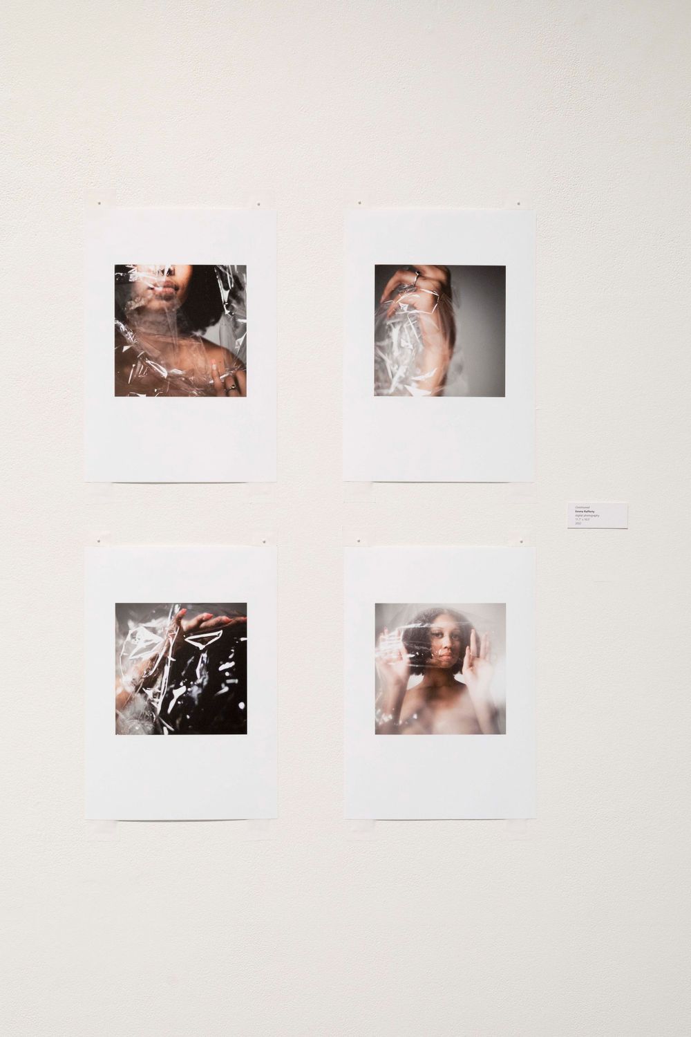 Four artistic photographs with ethereal lighting arranged in a grid pattern on a white wall.