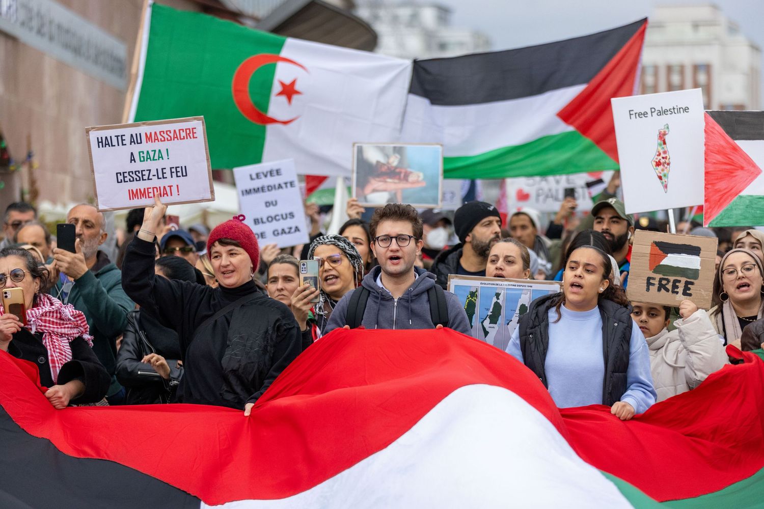 Protesters at a rally holding Palestinian and Algerian flags with a large crowd in the background.