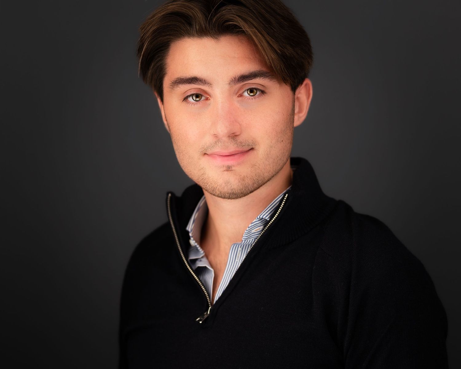 Studio portraits of people wearing black outfits against dark backdrop.