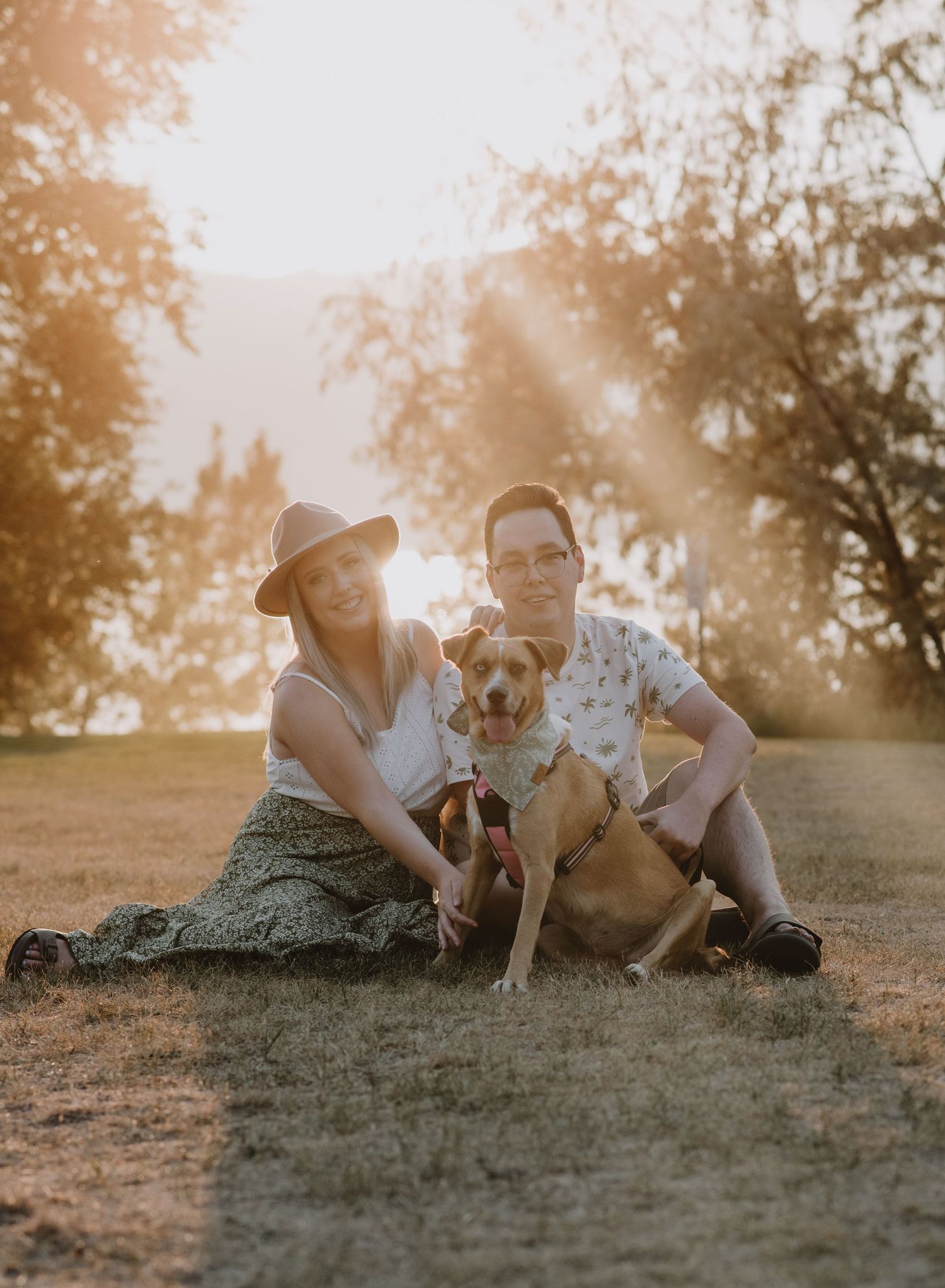Engaged couple sitting a field with their dog. Okanagan engagement and lifestyle photographer