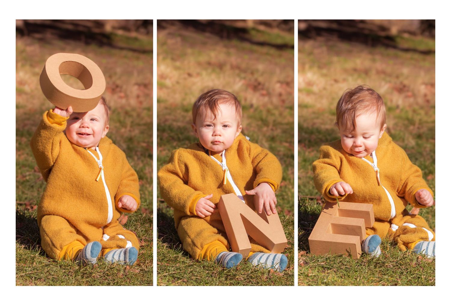 First birthday photoshoot collage with the letters ONE