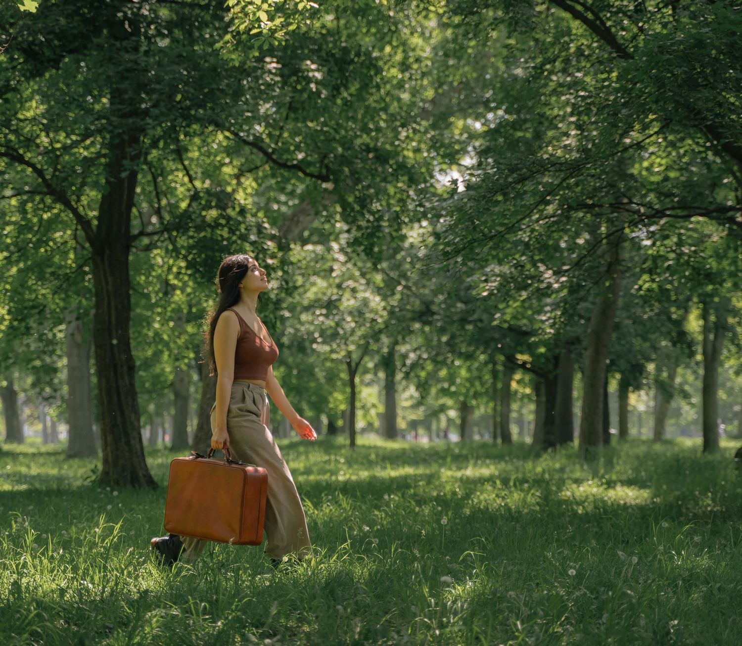 Figure wearing brown clothes stands in a sunny park with vintage suitcase surrounded by lush green trees.