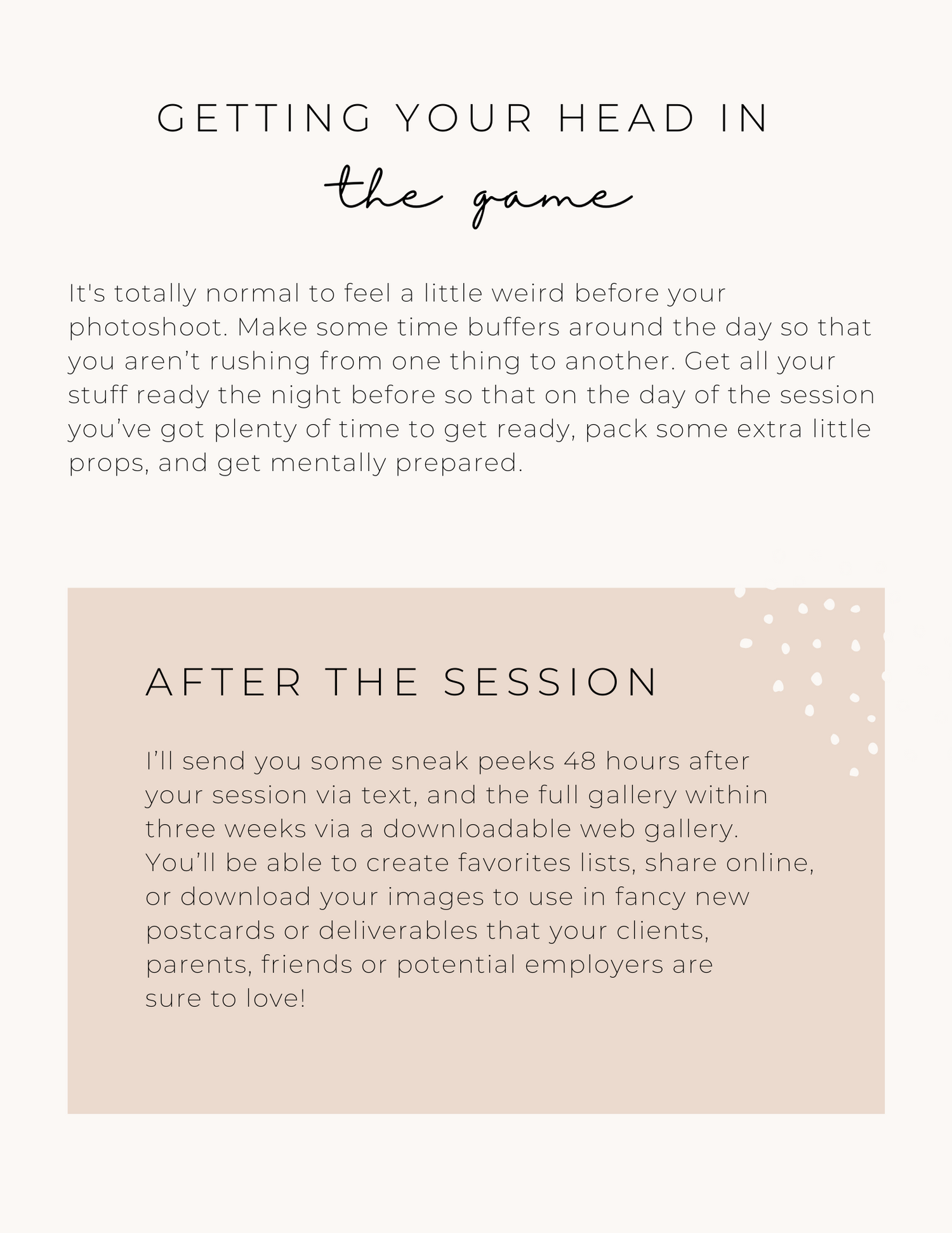Clean minimalist photography session guide with text explaining post-session workflow.