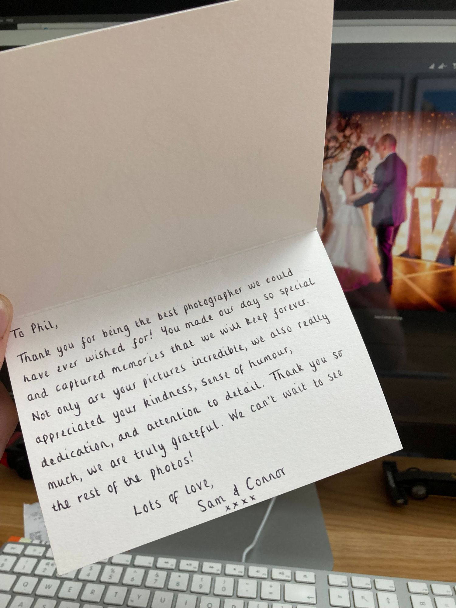beautiful thank you card photo send to wedding photographer phil grayston