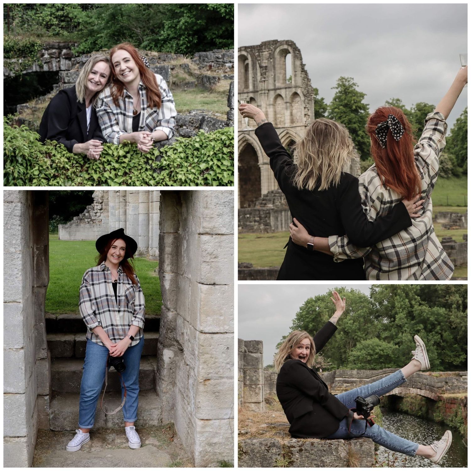 Creative portrait collage featuring casual poses at historic ruins and stone architecture.