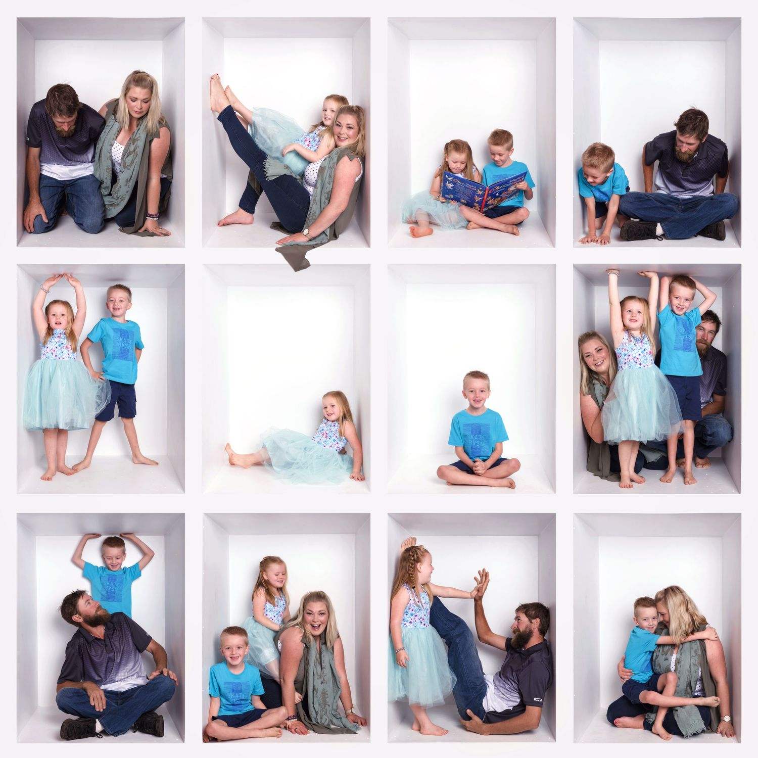 Collage of family photos in white boxes showing playful poses and interactions.