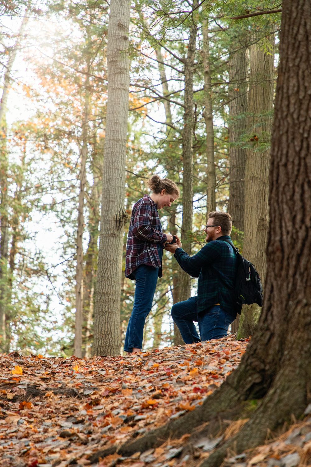 A proposal image where the man is on one knee with tall fall trees all around them. A blanket of red leaves below them.