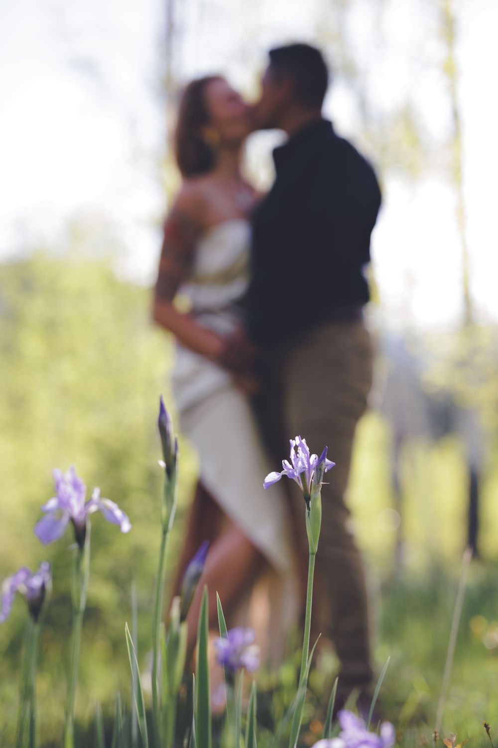 Couple sharing a romantic kiss in a sunlit meadow with purple iris wildflowers in the foreground.