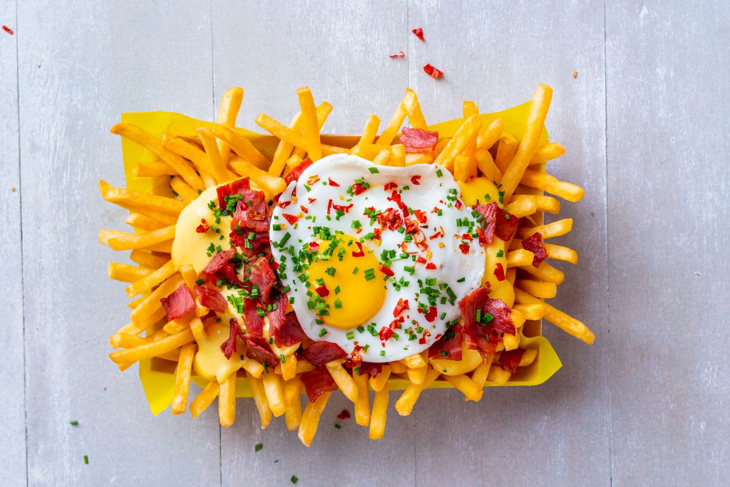 Eggs & Bacon Loaded Fries - Menu Shoot