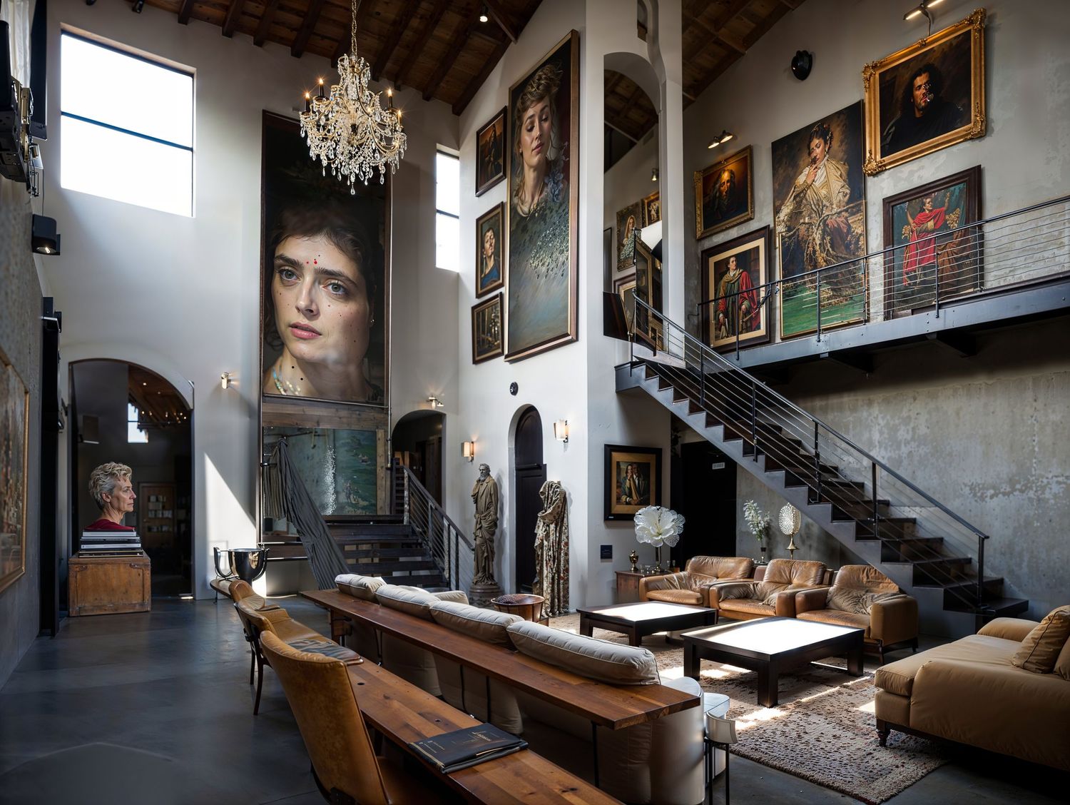 Industrial loft space with high ceilings and gallery wall displaying classical portraits.