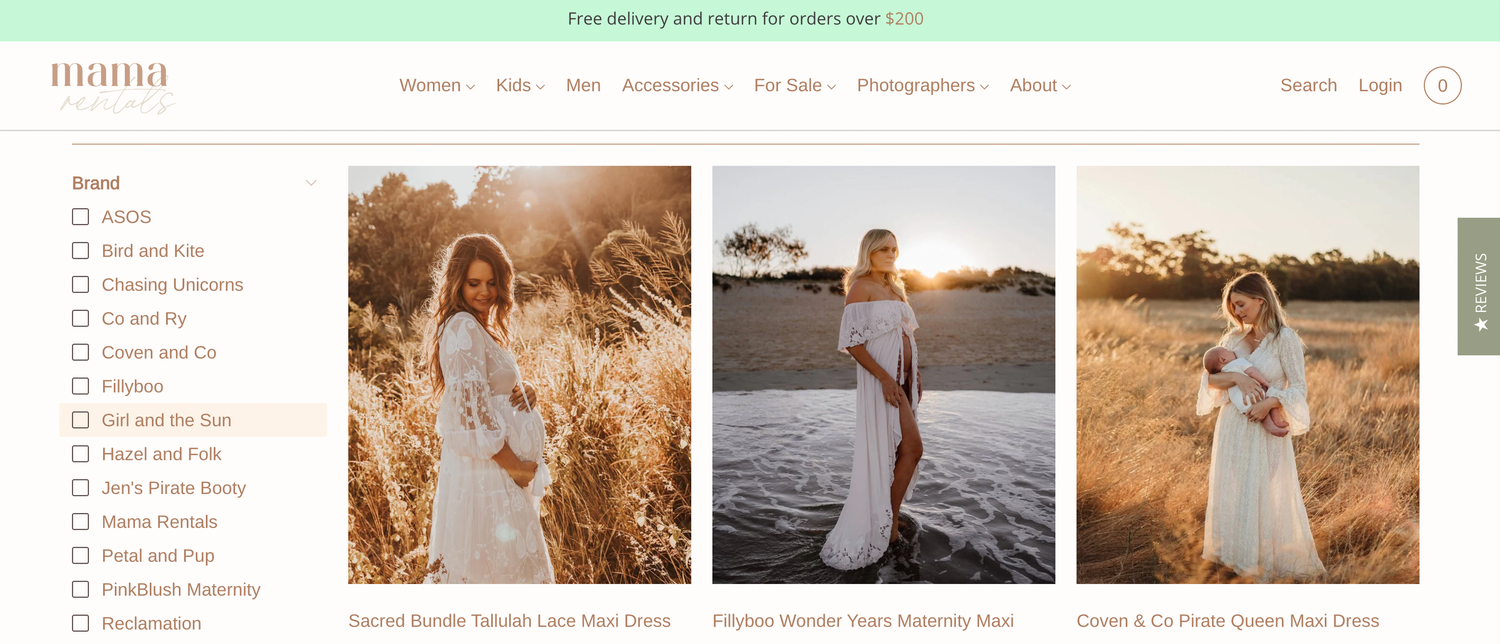 Wedding photography website Mama Rentals showcasing three ethereal bridal portraits in golden light.