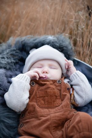 Baby in brown overalls and knit hat sleeping on gray blanket outdoors among tall grass.