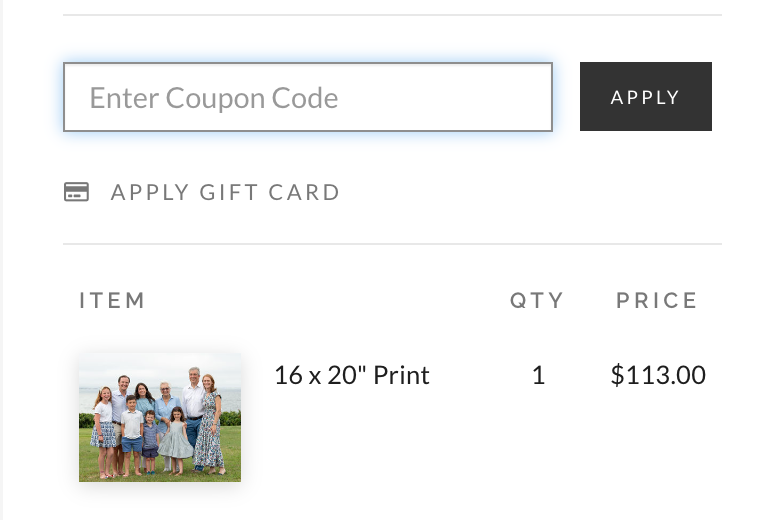 Order summary screen showing a 16x20 print selection with price.