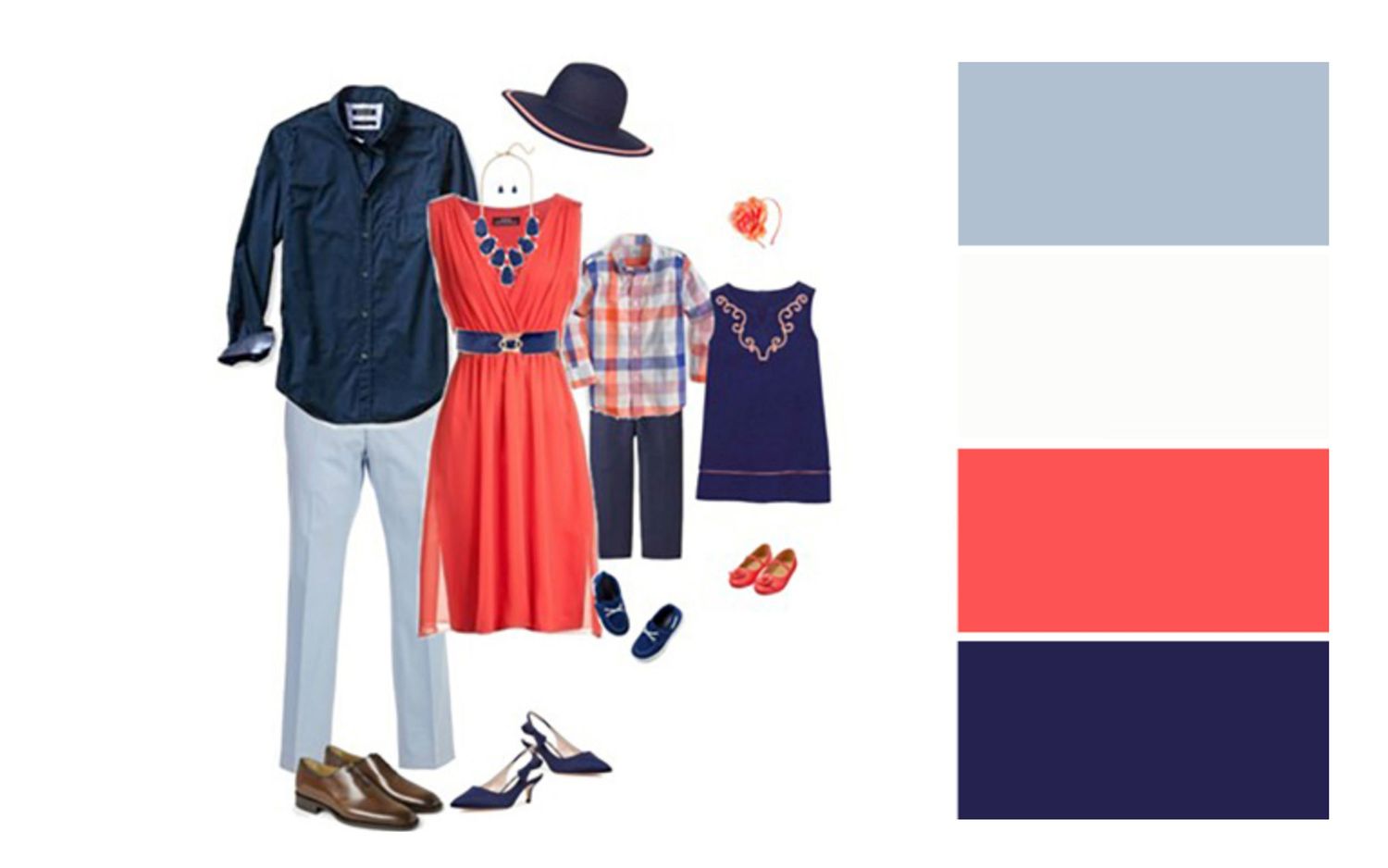 Family portrait wardrobe collection in navy, coral and denim with coordinating accessories.
