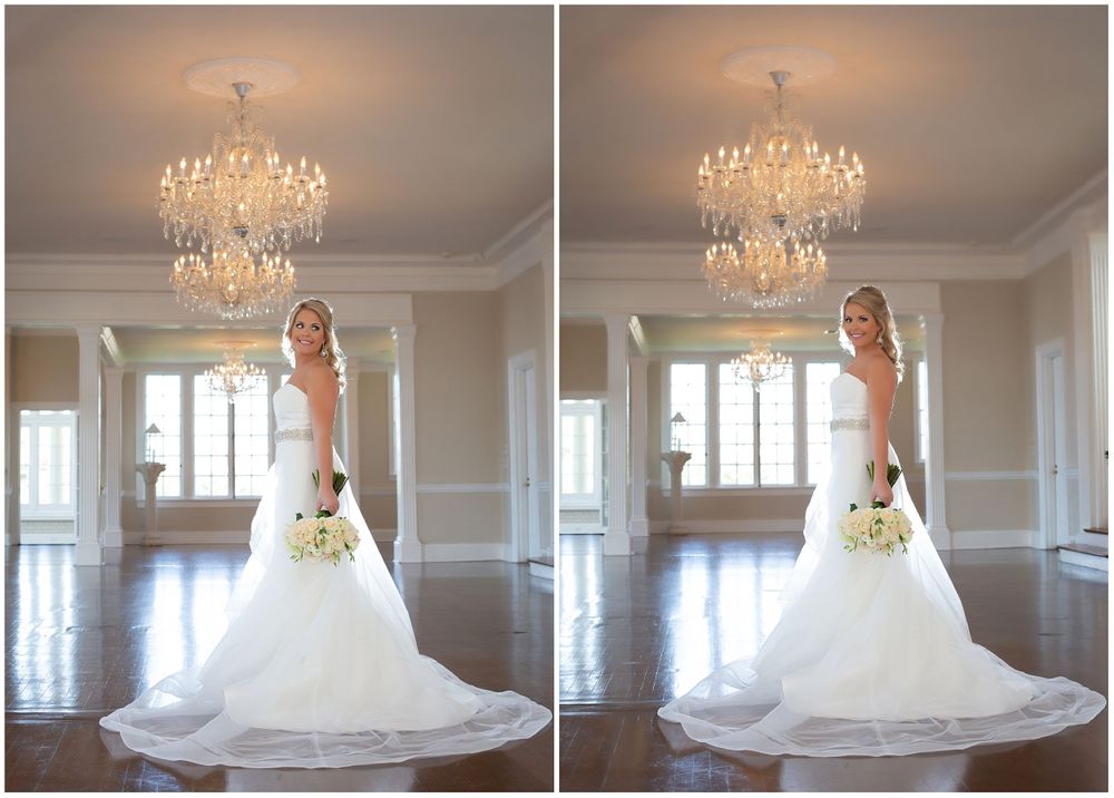 Side-by-side bridal portraits under ornate crystal chandelier in elegant white room.