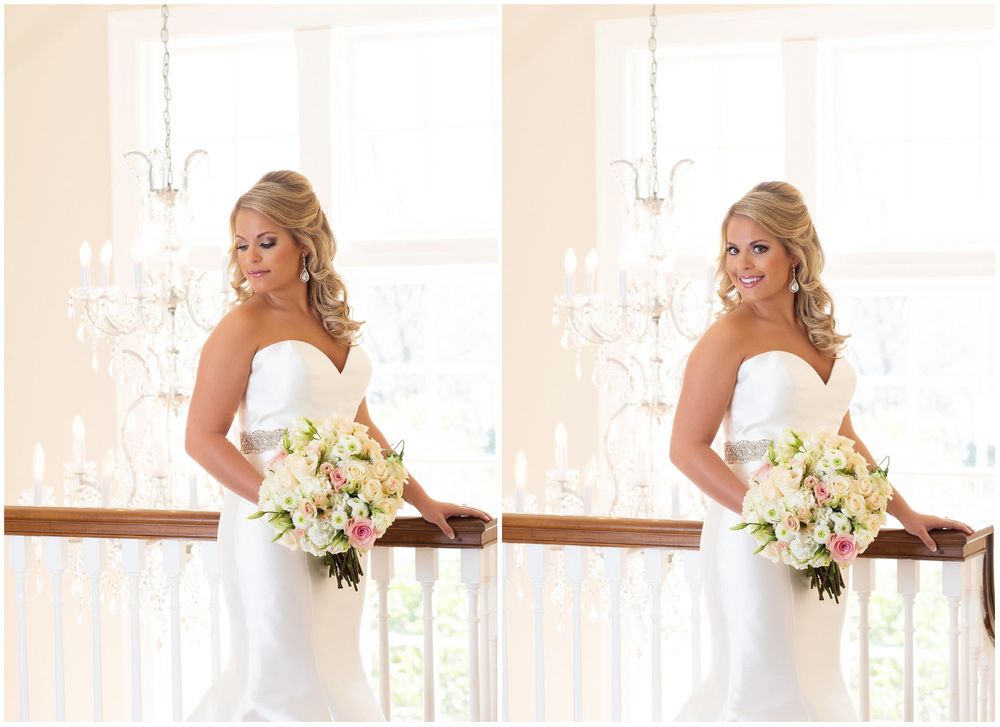 Bridal portrait with white bouquet in sunlit room shown in duplicate.