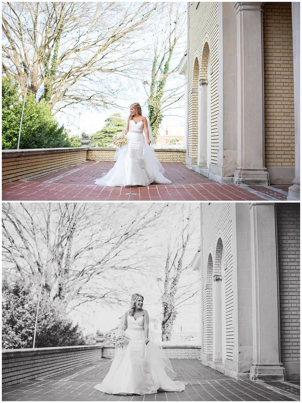 Bride in classic white gown captured in both color and black and white on outdoor veranda.