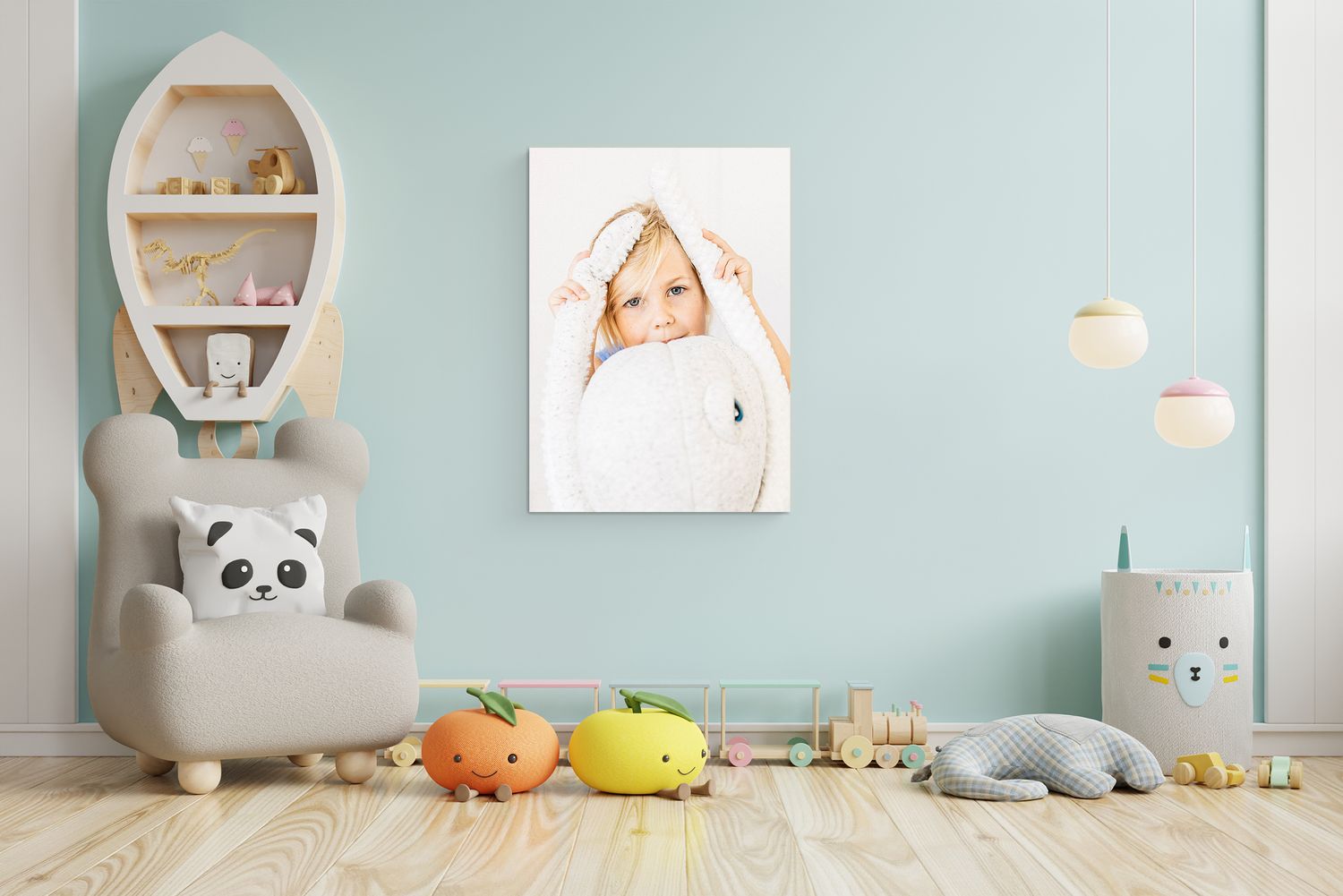 Children's room with mint walls, boat-shaped shelf, and plush toys on wooden floor.