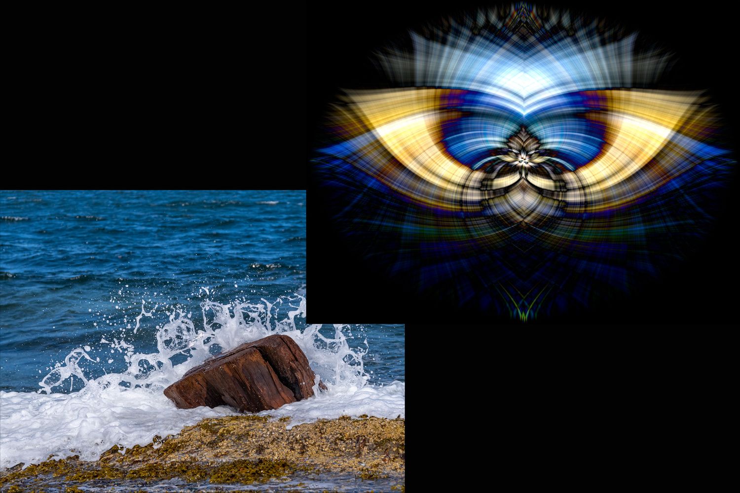 Coastal wave splash against rocks paired with abstract symmetrical blue and gold pattern.