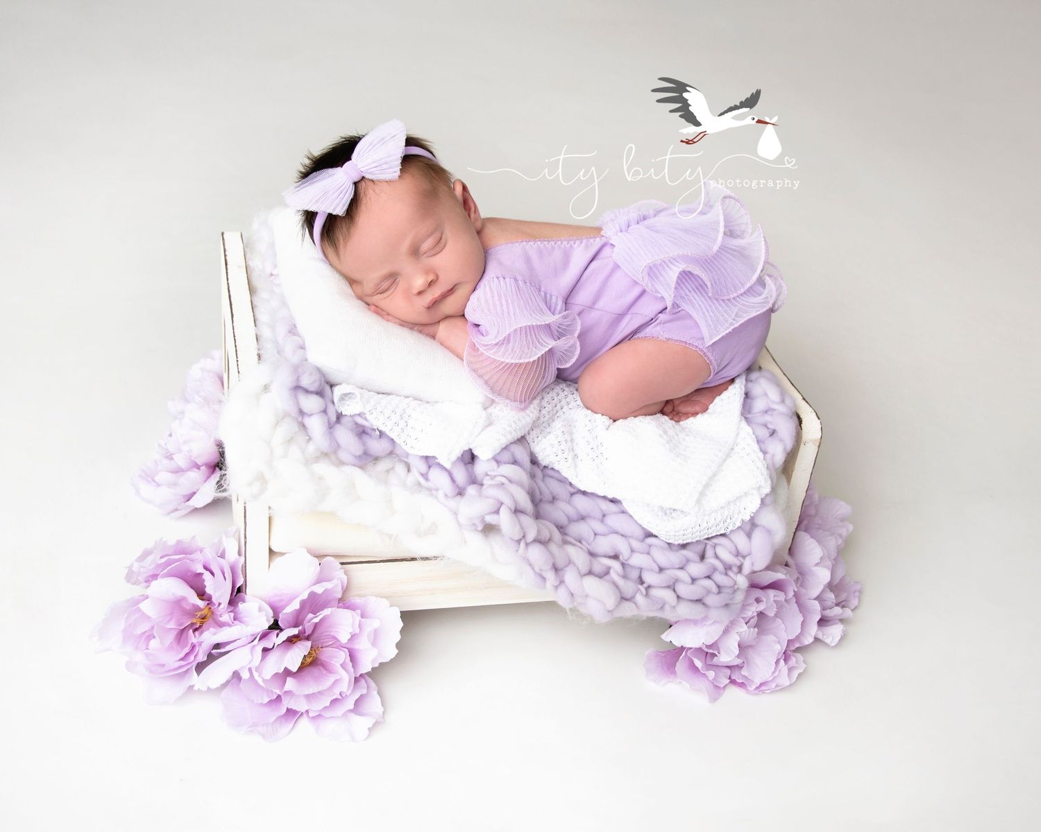 Westlake Newborn Baby Photographer | Baby Julia in Purple Bed looking so adorable