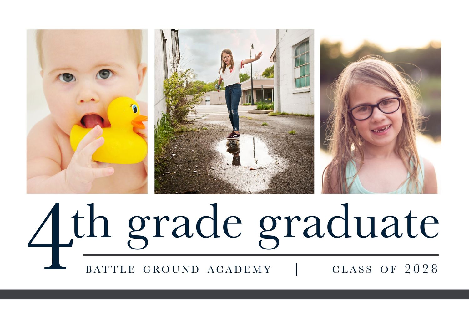 Fourth grade graduation announcement with three milestone photos in a white layout.