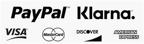 Collection of payment method logos including PayPal, Klarna, and major credit cards.