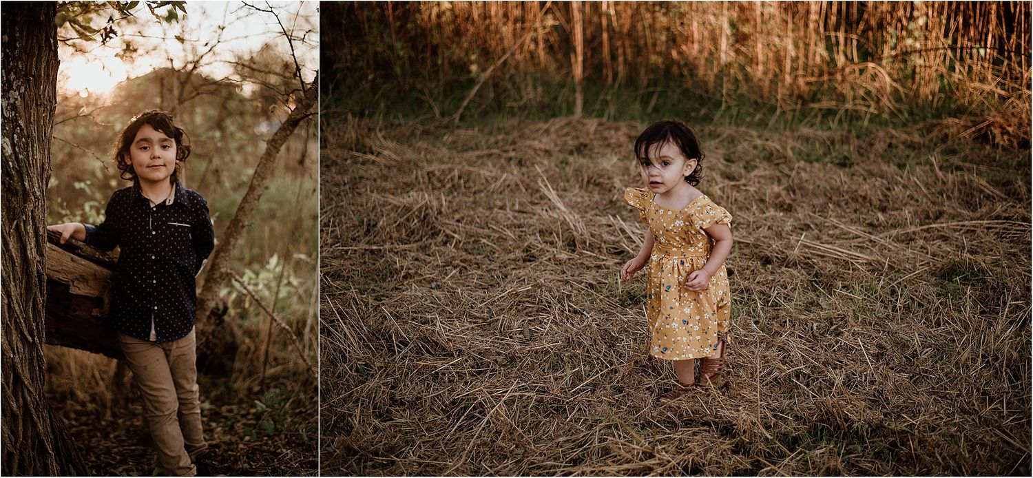 Two artistic lifestyle portraits in a golden sunlit field at sunset.