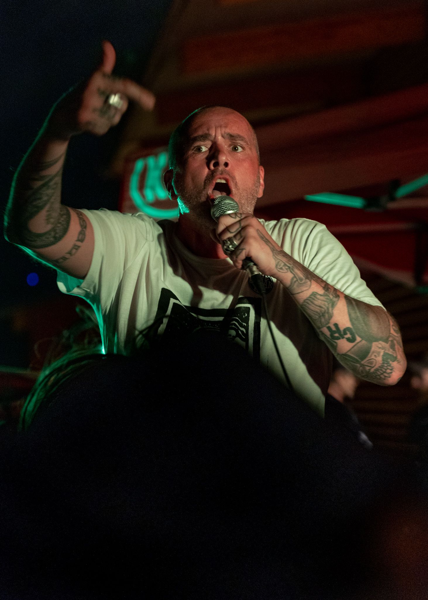 Performer with tattoos sings passionately into microphone under green stage lighting.