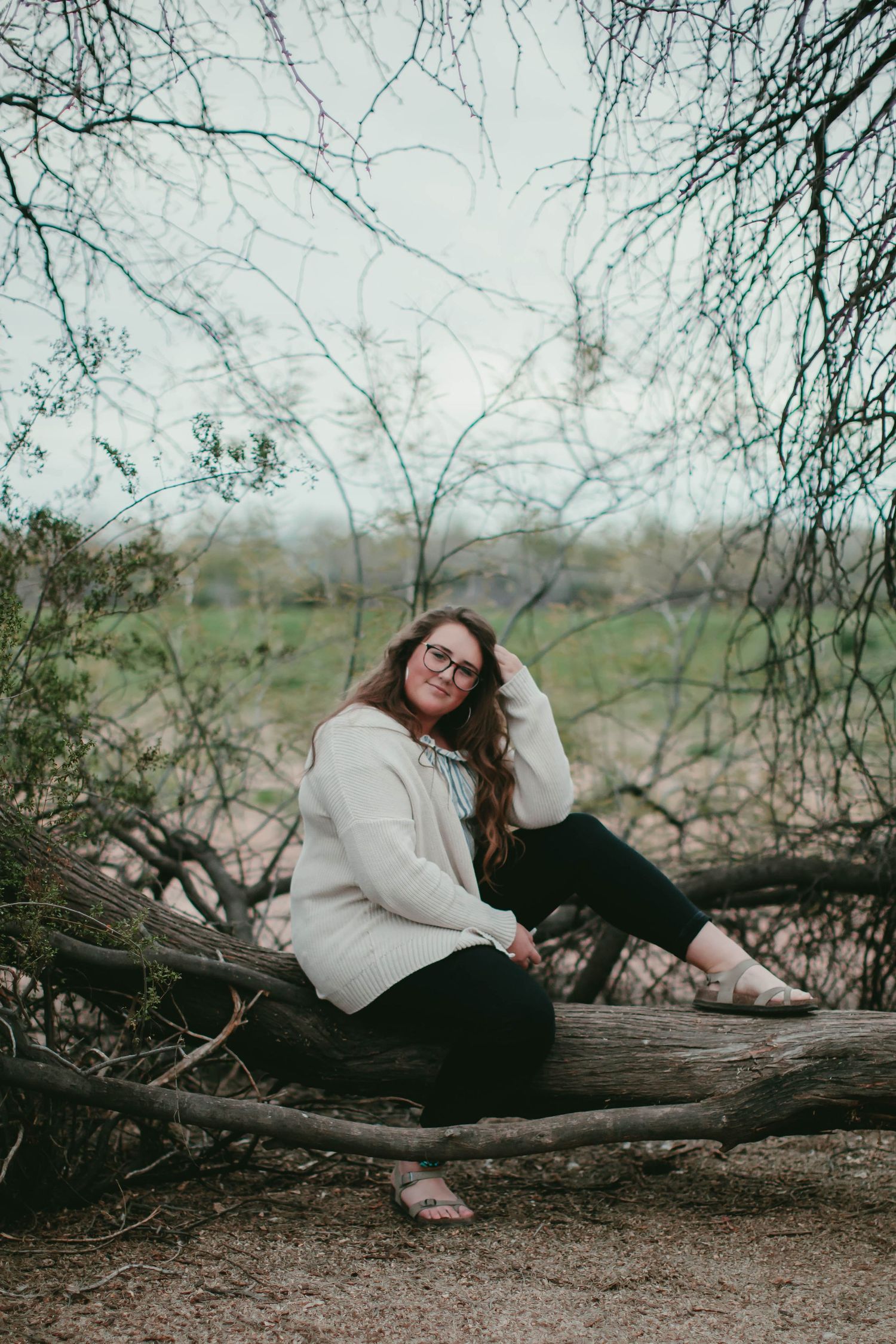 Person in cream sweater sits on fallen tree branch during outdoor photo session.