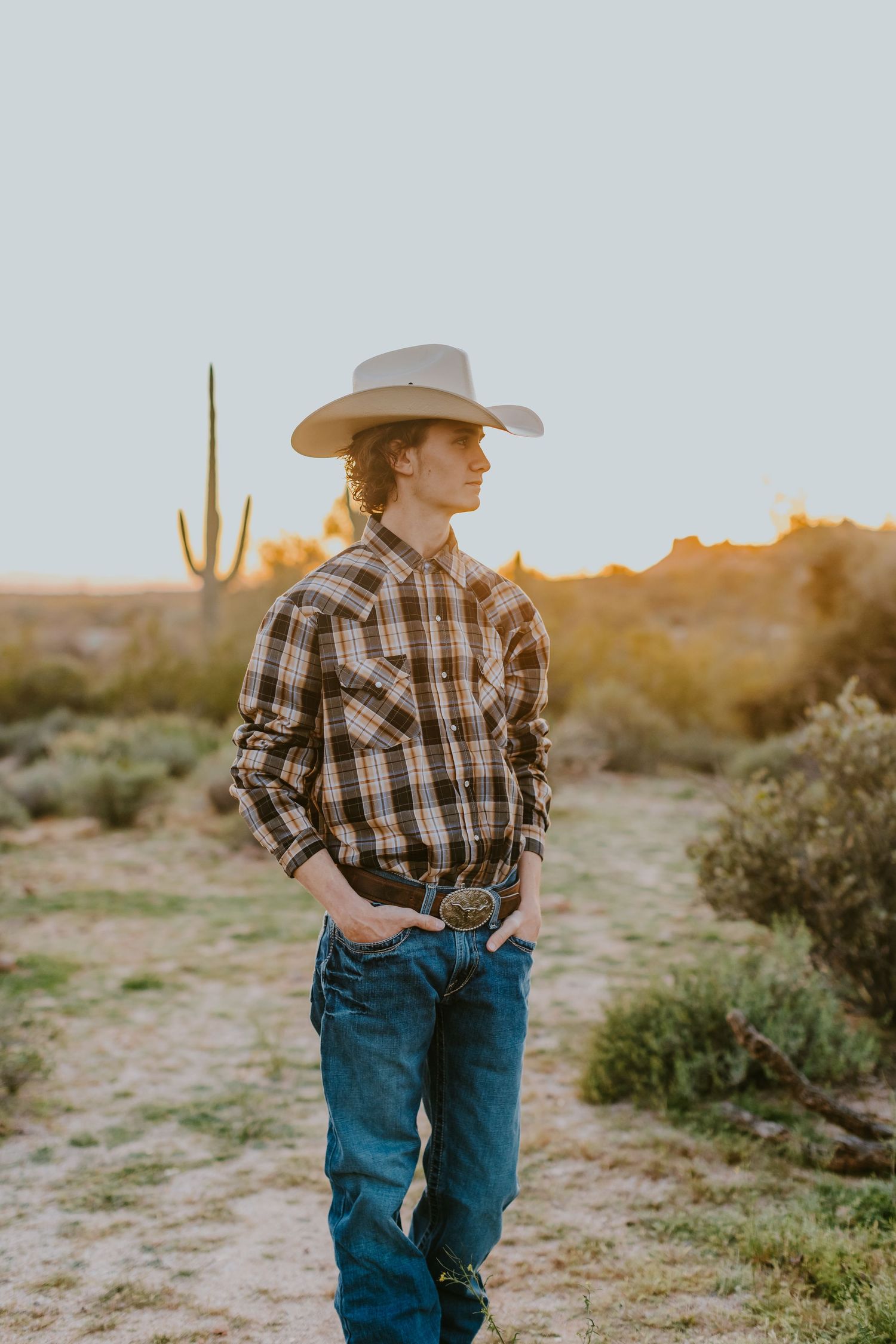 A figure in a plaid shirt and cowboy hat poses in a desert landscape at sunset.