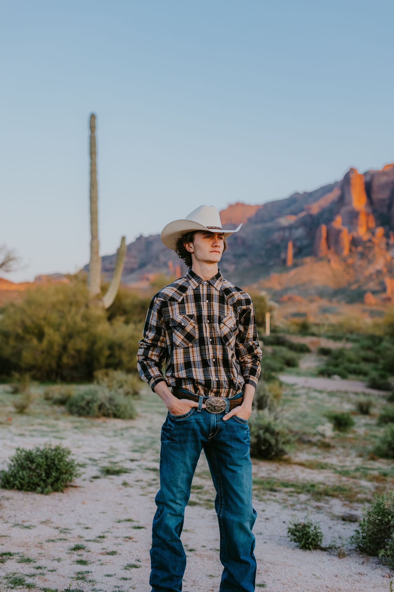 Cowboy-styled figure stands against backdrop of red mountains and desert flora.