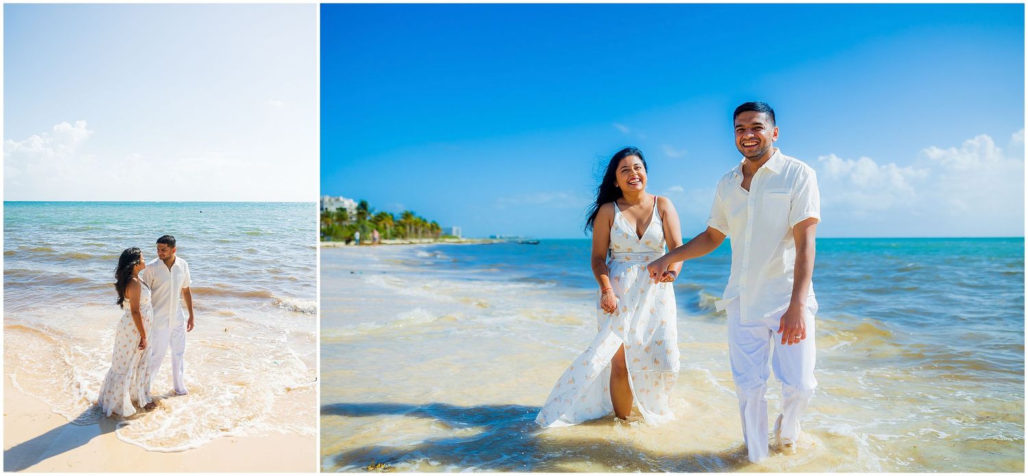 Romantic beach photoshoot with couple walking along tropical shoreline in white attire.